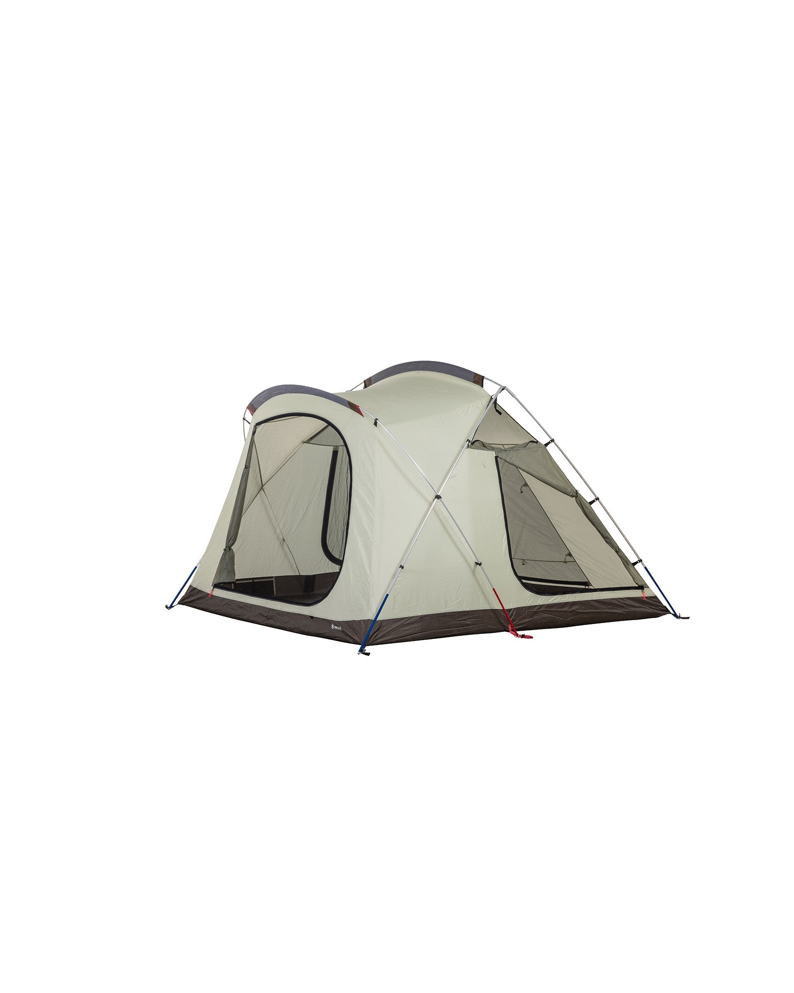 Snow Peak Alpha Breeze tent from the rear, ivory fly over the mesh body.