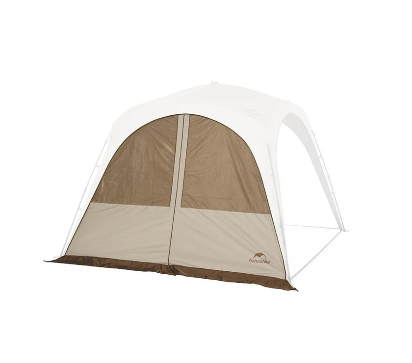 A beige and white canopy extension door curtain with a zipper opening.