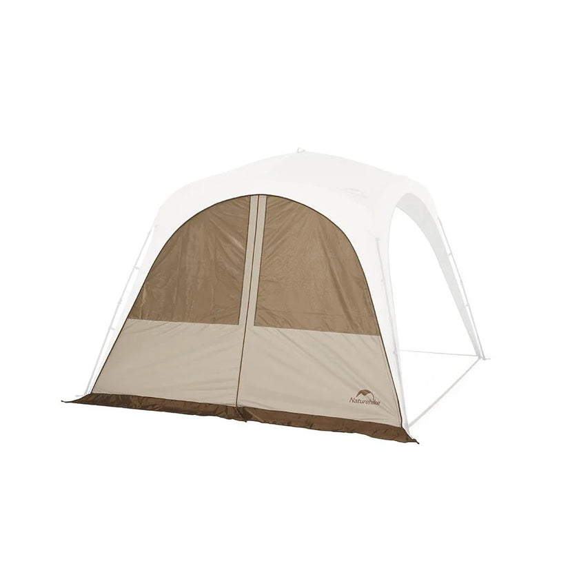 A beige and white canopy extension door curtain with a zipper opening.