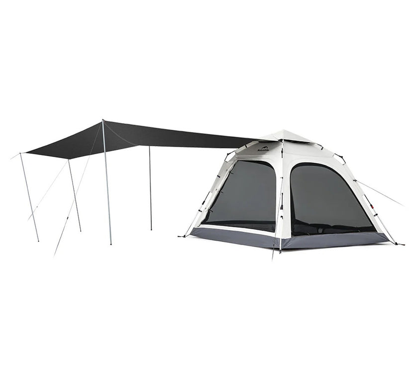 A beige or green Naturehike Ango 4 Automatic Tent with an extended canopy on one side, designed for camping.