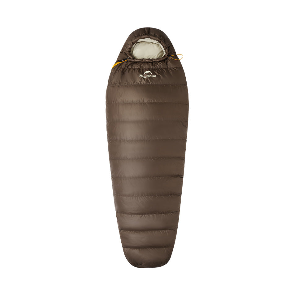 A beige and brown mummy down sleeping bag with a zipper, designed for outdoor use.