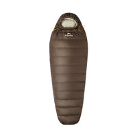 A beige and brown mummy down sleeping bag with a zipper, designed for outdoor use.