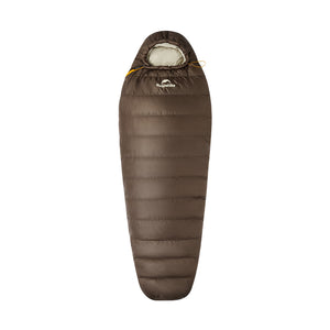 A beige and brown mummy down sleeping bag with a zipper, designed for outdoor use.