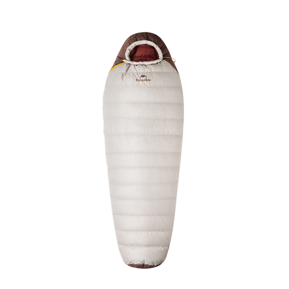 A beige and brown mummy down sleeping bag with a zipper, designed for outdoor use.