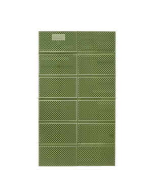 A green folding mat with a geometric pattern, designed for outdoor use.