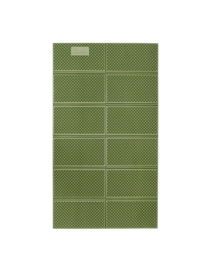 A green folding mat with a geometric pattern, designed for outdoor use.