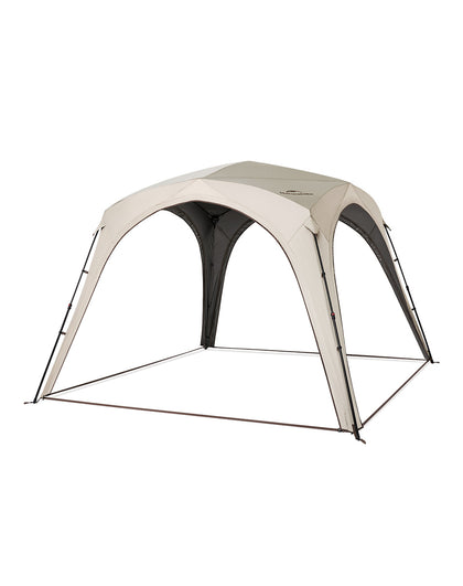 Outdoor canopy tent with beige and black design on a white background