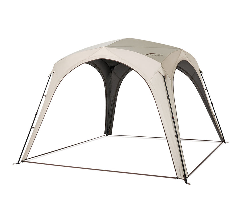 Outdoor canopy tent with beige and black design on a white background