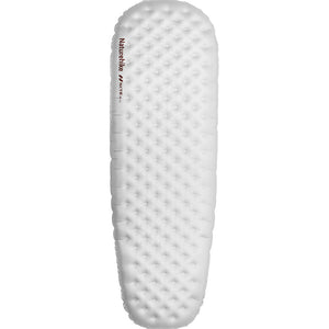 An inflatable mummy sleeping pad with a textured surface, primarily white in color.