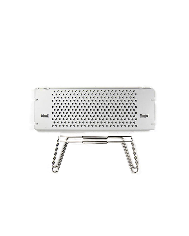 Snow Peak Ozen Solo Table SLV-171 packed flat: perforated tabletop panel with both wire leg frames detached below