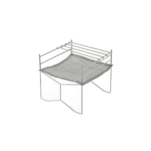 A portable silver camping grill set with a mesh grid and metal frame.