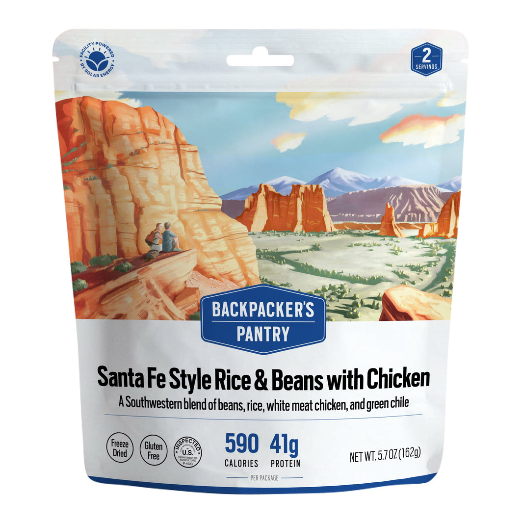 Backpacker's Pantry Santa Fe Style Rice & Beans with Chicken freeze-dried meal pouch, 590 calories and 41 g protein, 162 g.