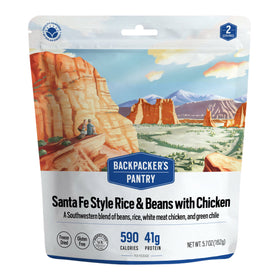Backpacker's Pantry Santa Fe Style Rice & Beans with Chicken freeze-dried meal pouch, 590 calories and 41 g protein, 162 g.