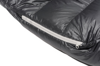 Close-up of a black sleeping bag with a zipper on a white background