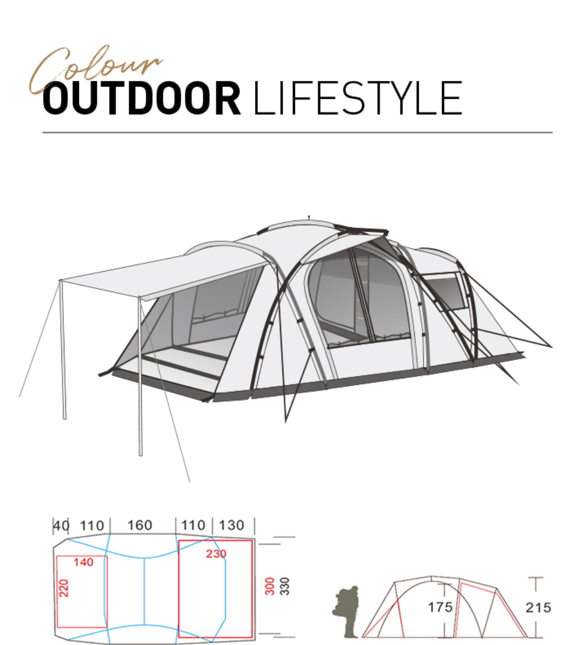 Camping tent with dimensions on a white background, featuring 'Colour Outdoor Lifestyle' text.