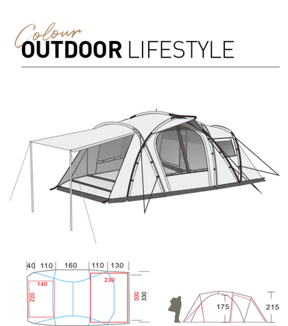Camping tent with dimensions on a white background, featuring 'Colour Outdoor Lifestyle' text.