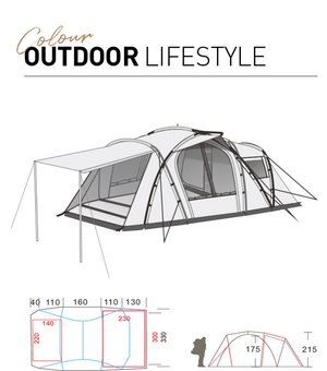 Camping tent with dimensions on a white background, featuring 'Colour Outdoor Lifestyle' text.
