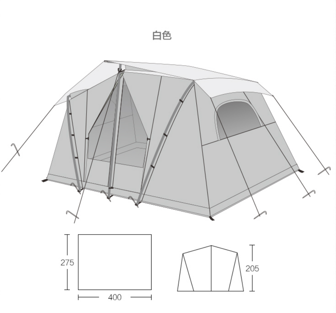Technical drawing of a camping tent with dimensions on a white background