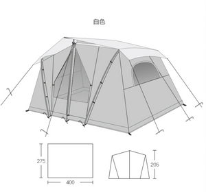 Technical drawing of a camping tent with dimensions on a white background