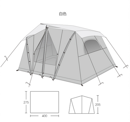 Technical drawing of a camping tent with dimensions on a white background