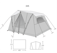 Technical drawing of a camping tent with dimensions on a white background