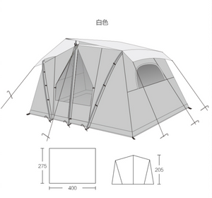 Technical drawing of a camping tent with dimensions on a white background