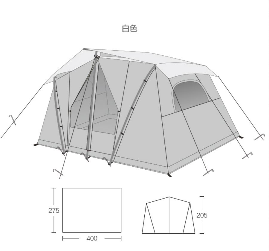 Technical drawing of a camping tent with dimensions on a white background
