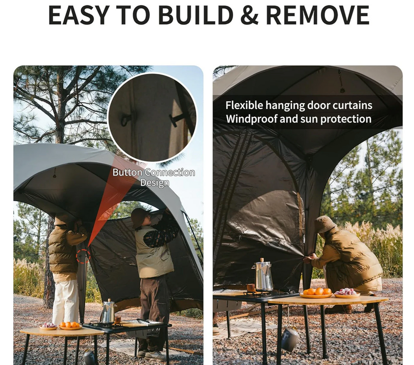 Camping shelter with flexible hanging door curtains, button connection design, and outdoor setting.