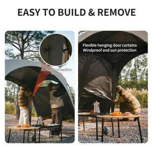 Camping shelter with flexible hanging door curtains, button connection design, and outdoor setting.