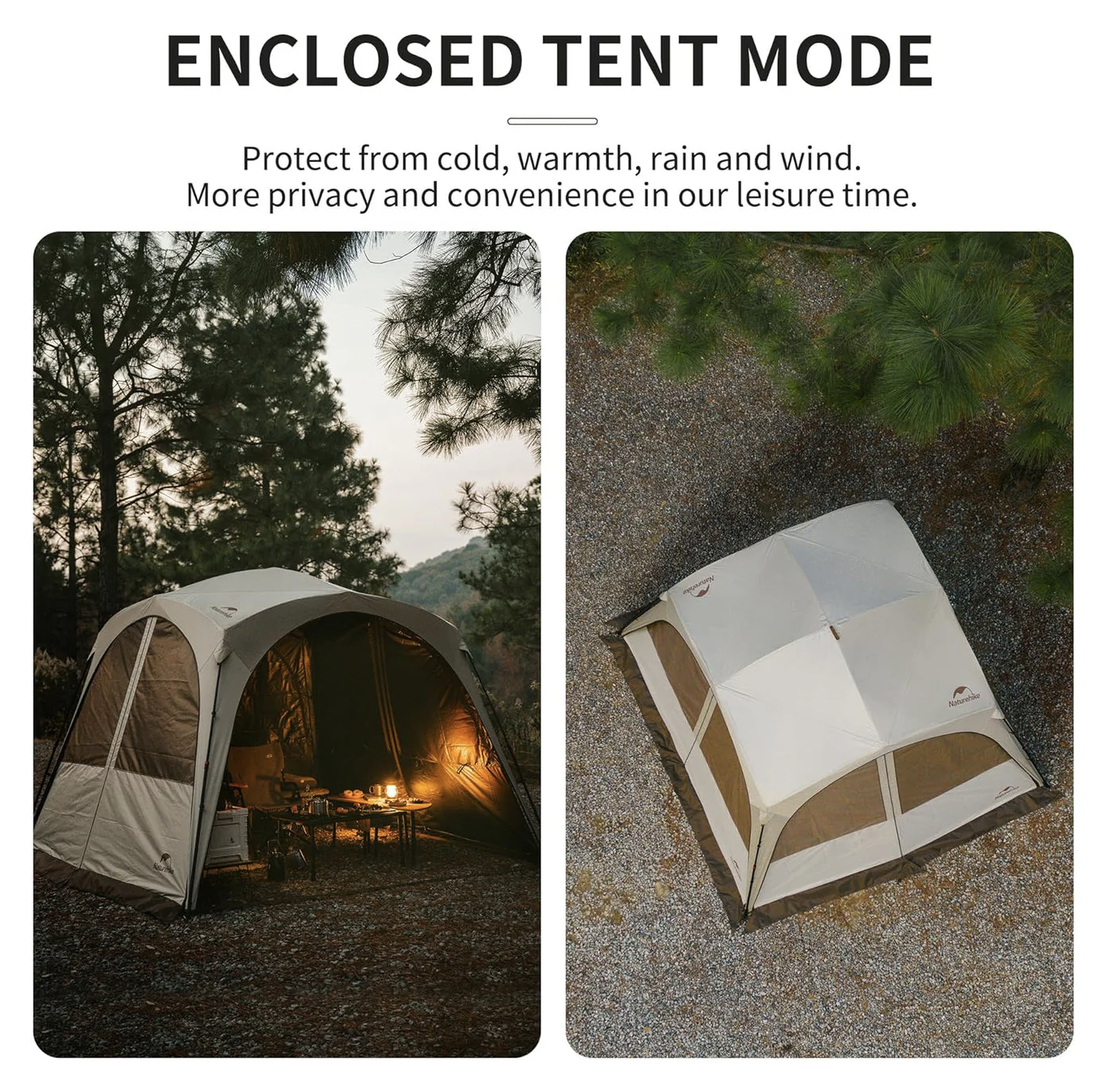 Enclosed tent mode with two images: one showing a tent in a forest and another showing the tent on a gravel surface.