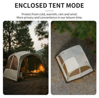 Enclosed tent mode with two images: one showing a tent in a forest and another showing the tent on a gravel surface.