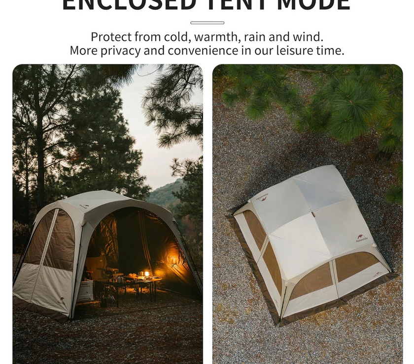 Enclosed tent mode with two images: one showing a tent in a forest and another showing the tent on a gravel surface.