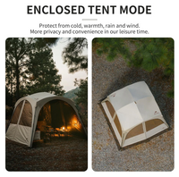 Enclosed tent mode with two images: one showing a tent in a forest and another showing the tent on a gravel surface.