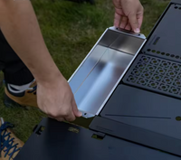 Person assembling a portable stove with a metallic pan on grass