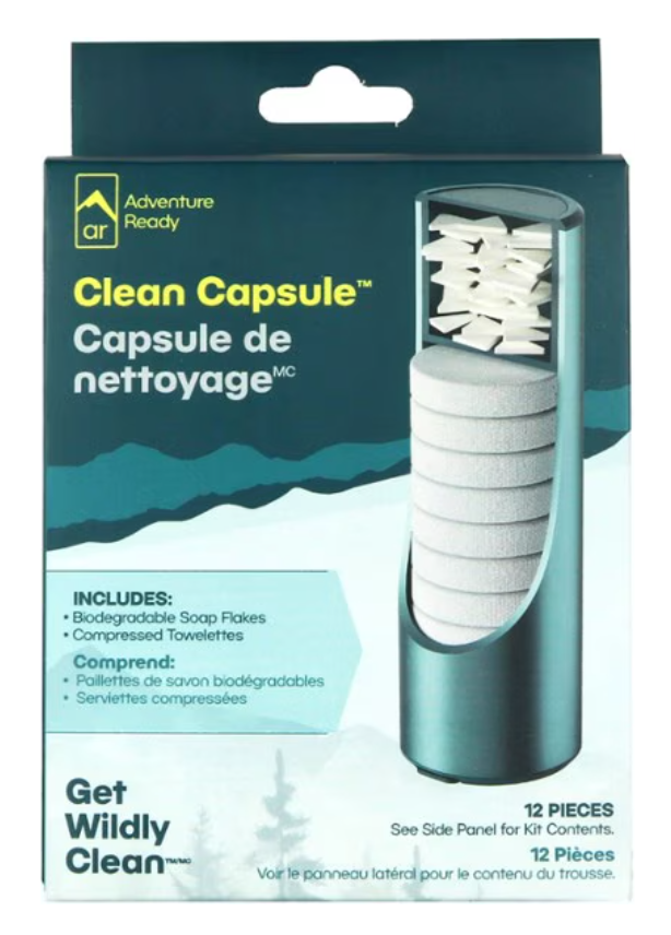 Adventure Ready Clean Capsule retail box showing the capsule with compressed towelettes and soap flakes, 12 pieces.