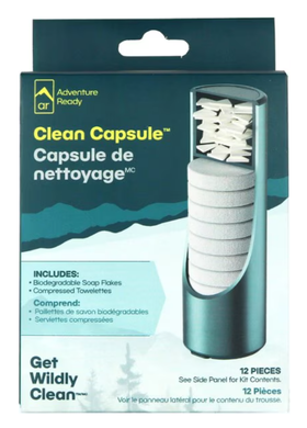 Adventure Ready Clean Capsule retail box showing the capsule with compressed towelettes and soap flakes, 12 pieces.