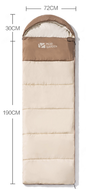 Measurement chart of a sleeping bag with dimensions and brand name.