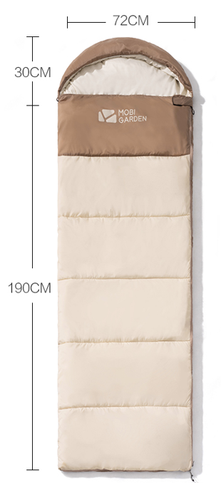 Measurement chart of a sleeping bag with dimensions and brand name.