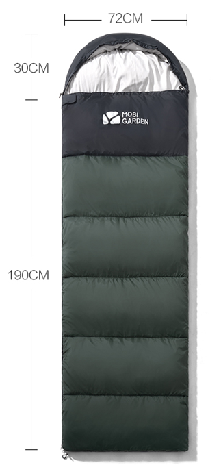 Green sleeping bag with dimensions and Mobi Garden branding on a white background