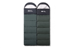 Two green sleeping bags with a brand logo on a white background