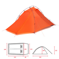 Orange tent with dimensions displayed below on a white background