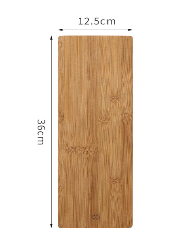 Wooden cutting board with dimensions labeled on a white background