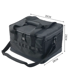 Black tactical bag with dimensions on a white background