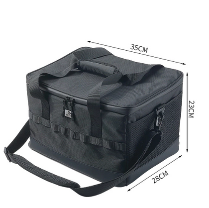 Black tactical bag with dimensions on a white background