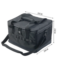 Black tactical bag with dimensions on a white background