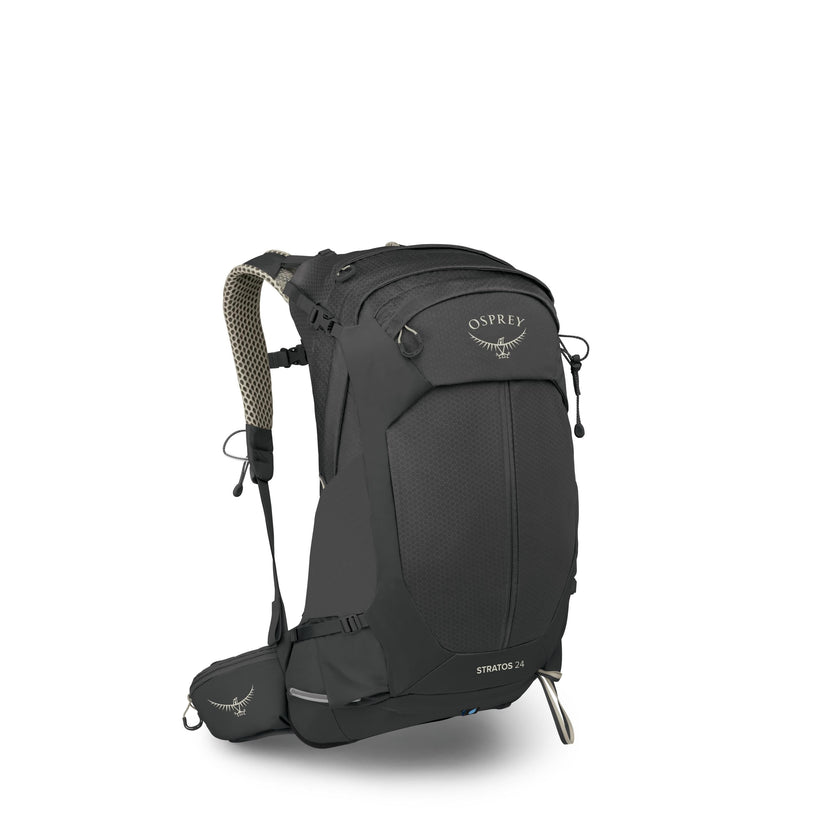 Osprey Stratos 24 backpack in Raven Black, white-background side view