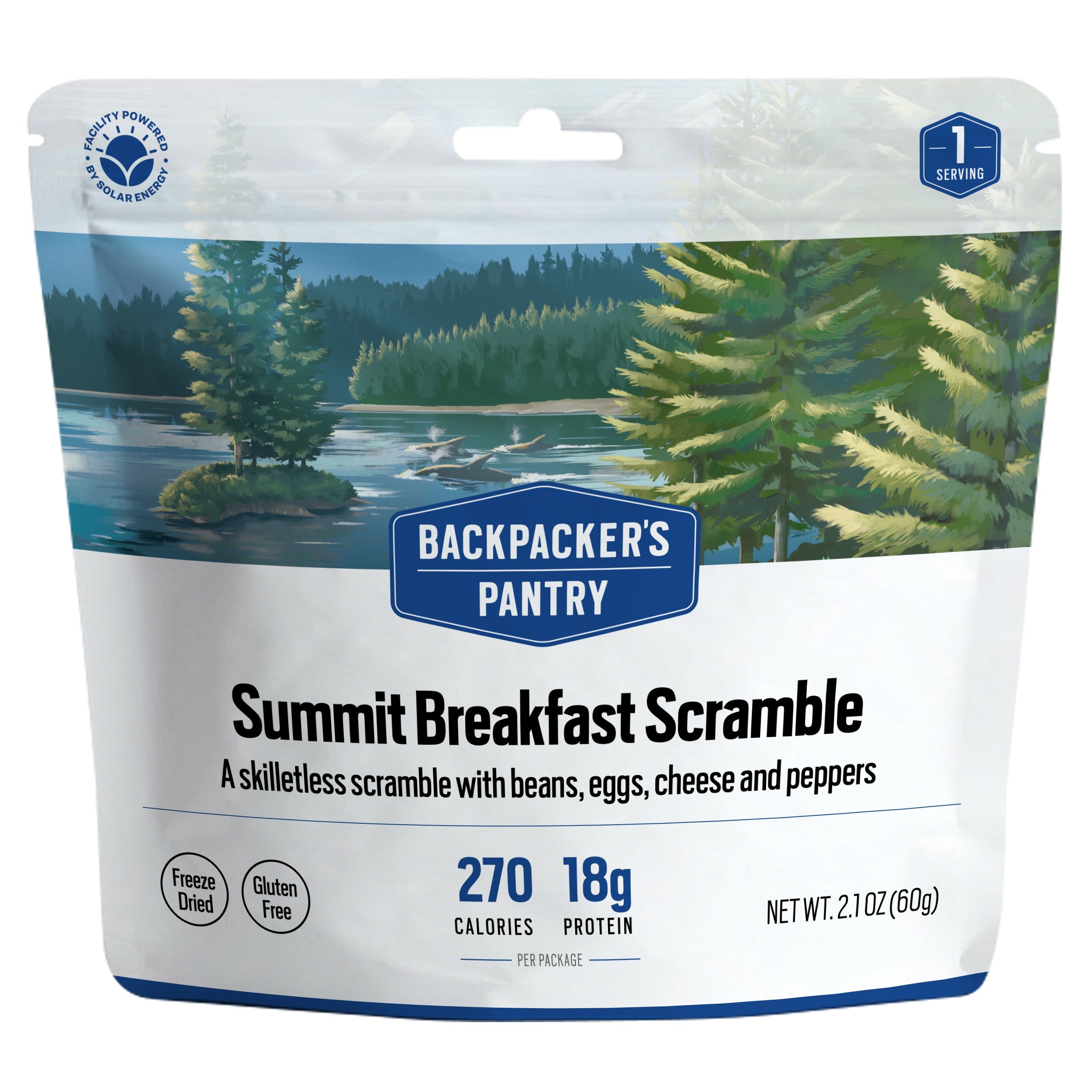 Backpacker's Pantry Summit Breakfast Scramble freeze-dried meal pouch in green forest packaging, 270 calories and 18 g protein, 60 g.