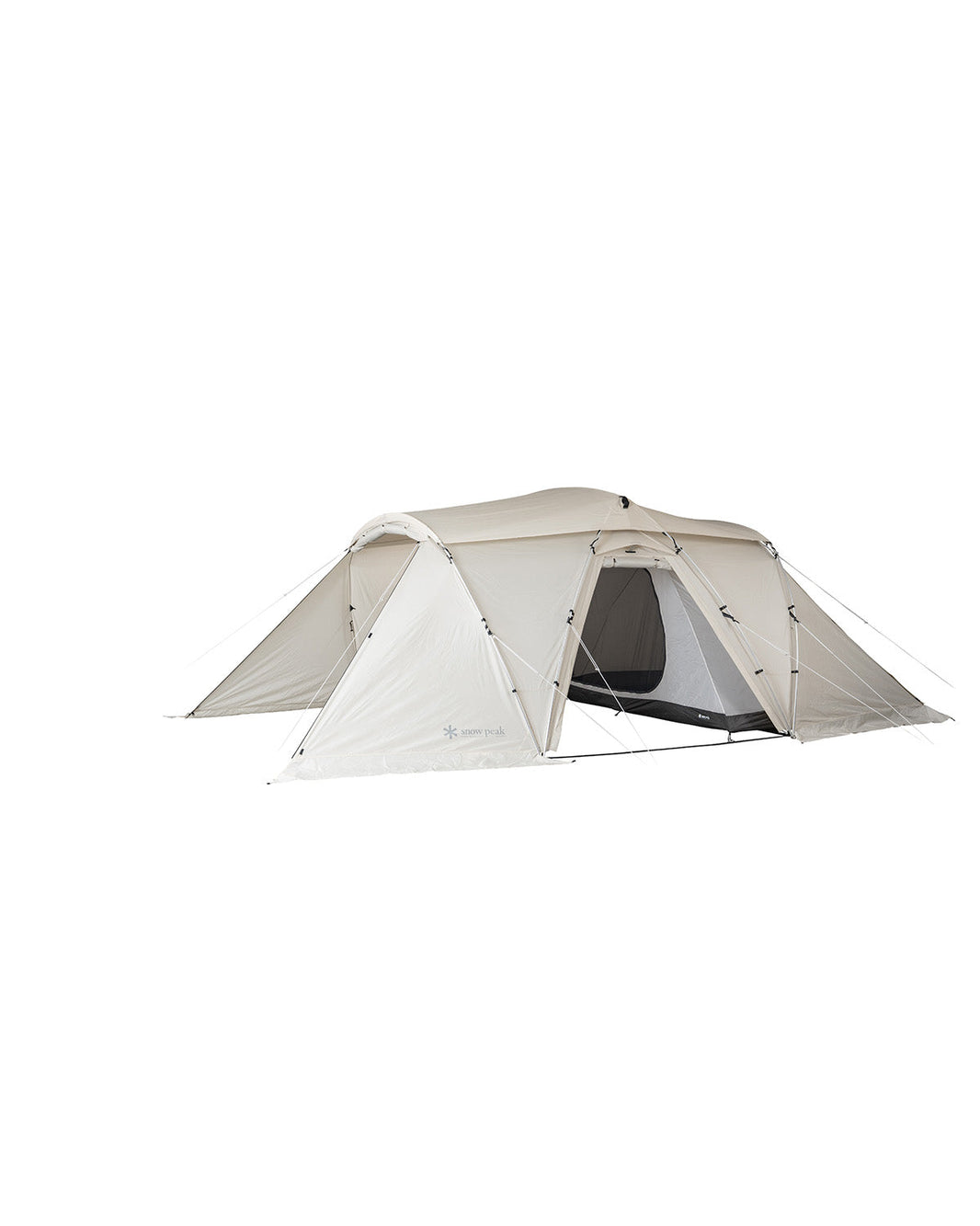 Snow Peak Land Nest Shelter TP-259 ivory, front wing staked down as a porch, inner tent visible