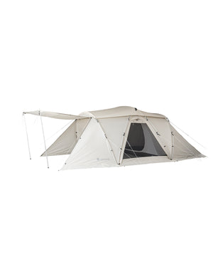 Snow Peak Land Nest Shelter TP-259 ivory with front wing extended on two poles as an awning