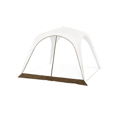 White tent with a brown groundsheet on a white background